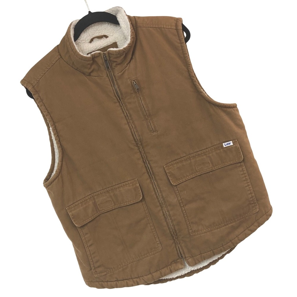 Lee Workwear Brown Canvas Chore Vest Barn Utility Gorpcore Sherpa Zip Mens M